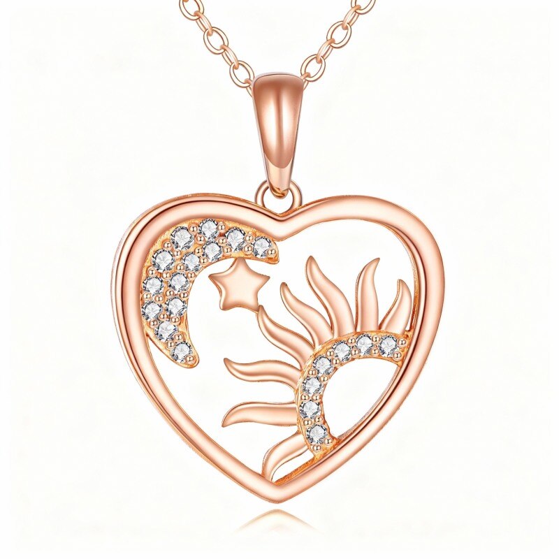 Collier pendentif soleil en or rose 14 carats et zircon cubique-1