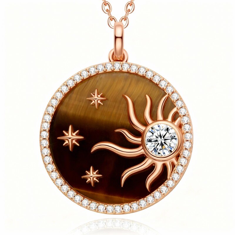 Halskette aus 18-karätigem Roségold mit Zirkonia und Tigerauge, Stern- und Sonnenanhänger-1