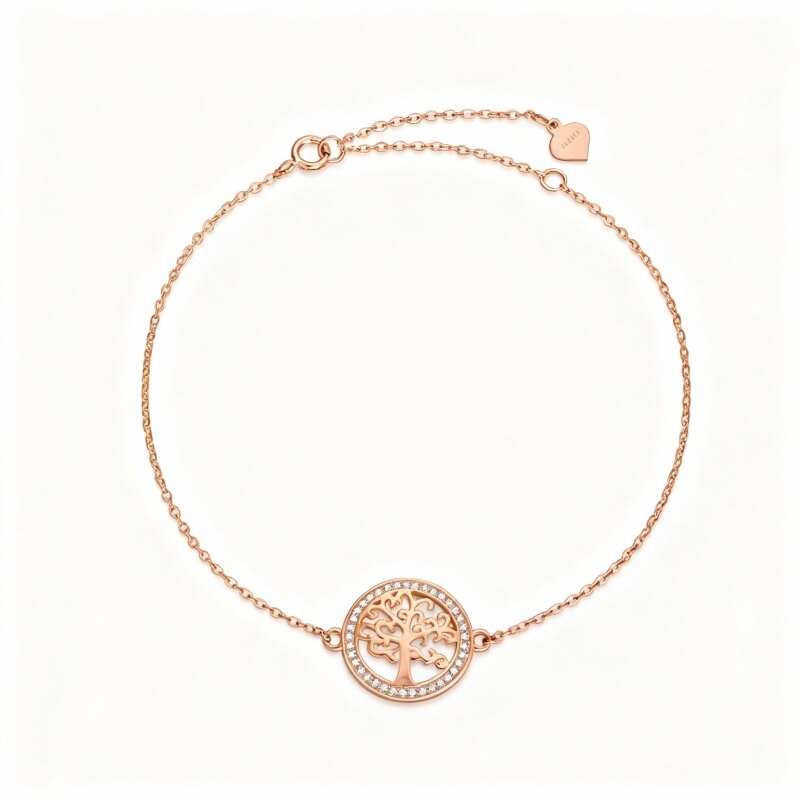 Pulsera con dije del Árbol de la Vida en oro rosa de 14 quilates y circonitas cúbicas-1