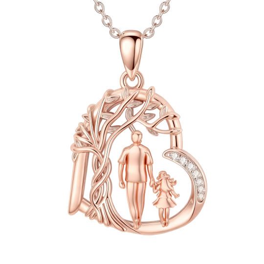 Collier pendentif Arbre de Vie et Père-Fille en or rose 10 carats et zircon cubique