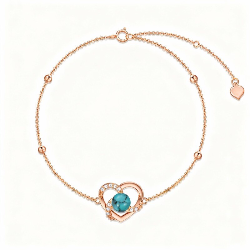 Pulsera de oro rosa de 10 quilates con circonitas cúbicas, cuentas de turquesa y dije de corazón-1