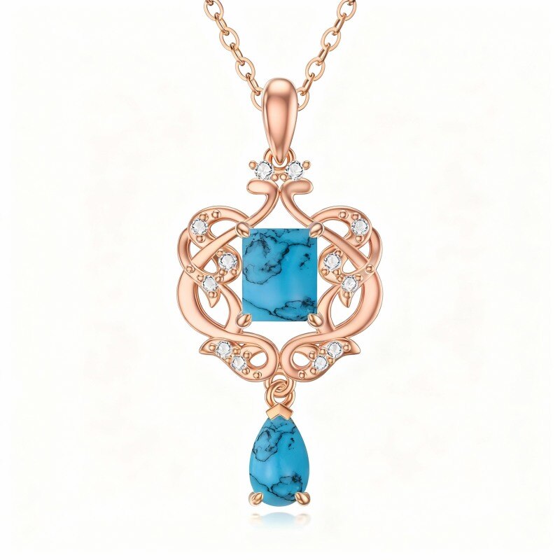 Collier pendentif cœur en or rose 10 carats, zircon cubique et turquoise-1