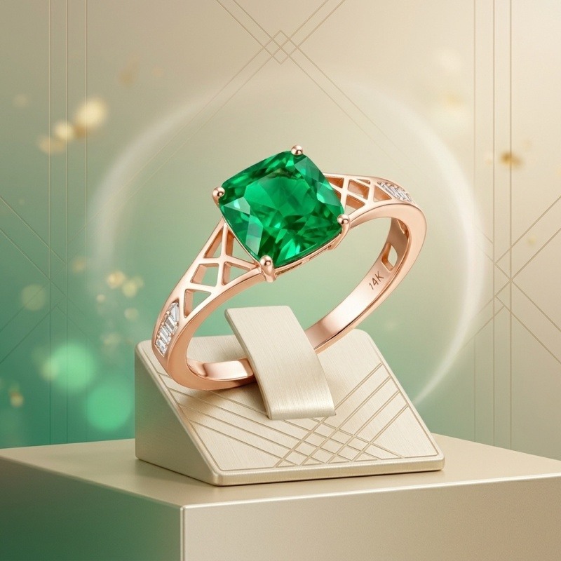 14K Rose Gold Cushion Cut Artificial Emerald & Moissanite Engagement Ring-3