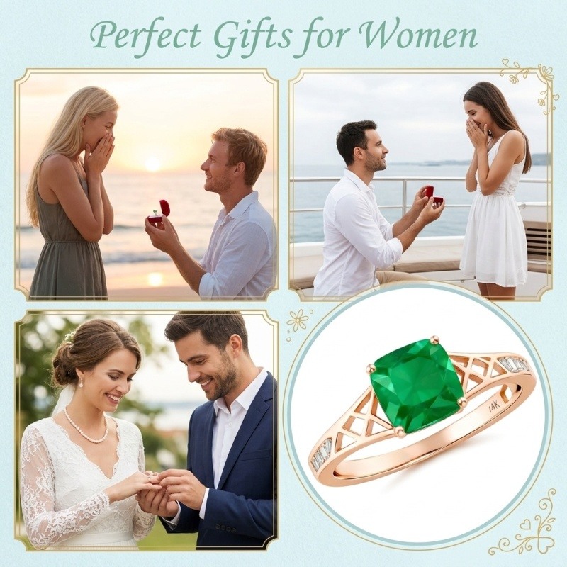 14K Rose Gold Cushion Cut Artificial Emerald & Moissanite Engagement Ring-4