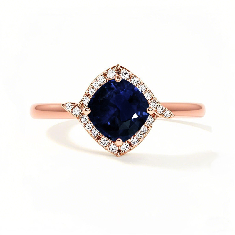 Bague de fiançailles personnalisée avec halo en or rose 10 carats, saphir taille coussin et moissanite.-1
