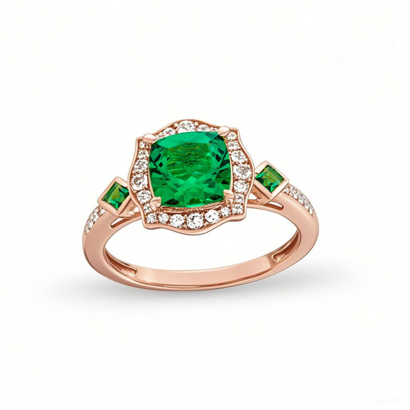 Anillo de compromiso en oro rosa de 10 quilates, con esmeralda cultivada en laboratorio de corte cushion de 1 a 6 CT y diamantes cultivados en laboratorio de 0,15 CTW en marco floral-11