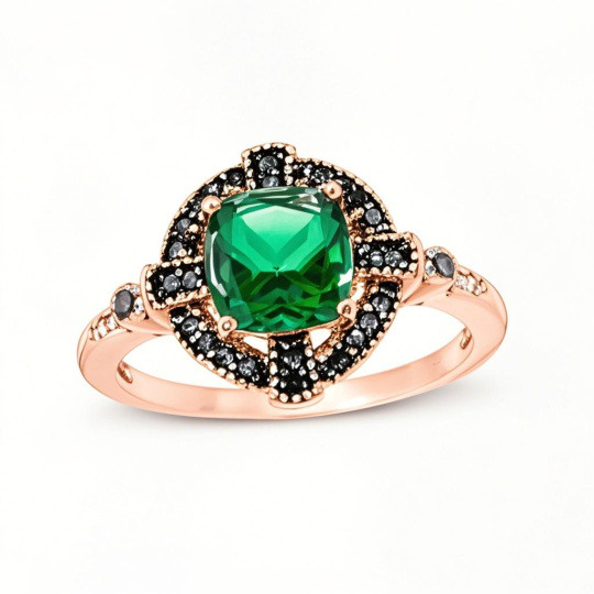 10K Rose Gold Cushion Cut Emerald & 0.15 CT.T.W. Black and White Diamond Gothic-Style Cross Frame Engagement Ring