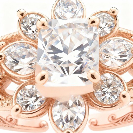Anillo de compromiso de oro rosa de 10 quilates con corte cojín