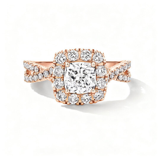 Verlobungsring aus 18-karätigem Roségold mit 1 ct kissenförmigem, im Labor gezüchtetem Diamanten, individuellem Halo und Seitensteinen