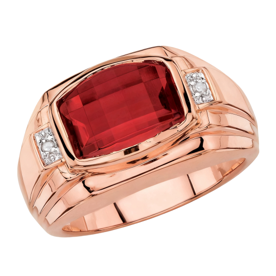 Anel de sinete para homem em ouro rosa 10K com moissanita lapidada em almofada e rubi.