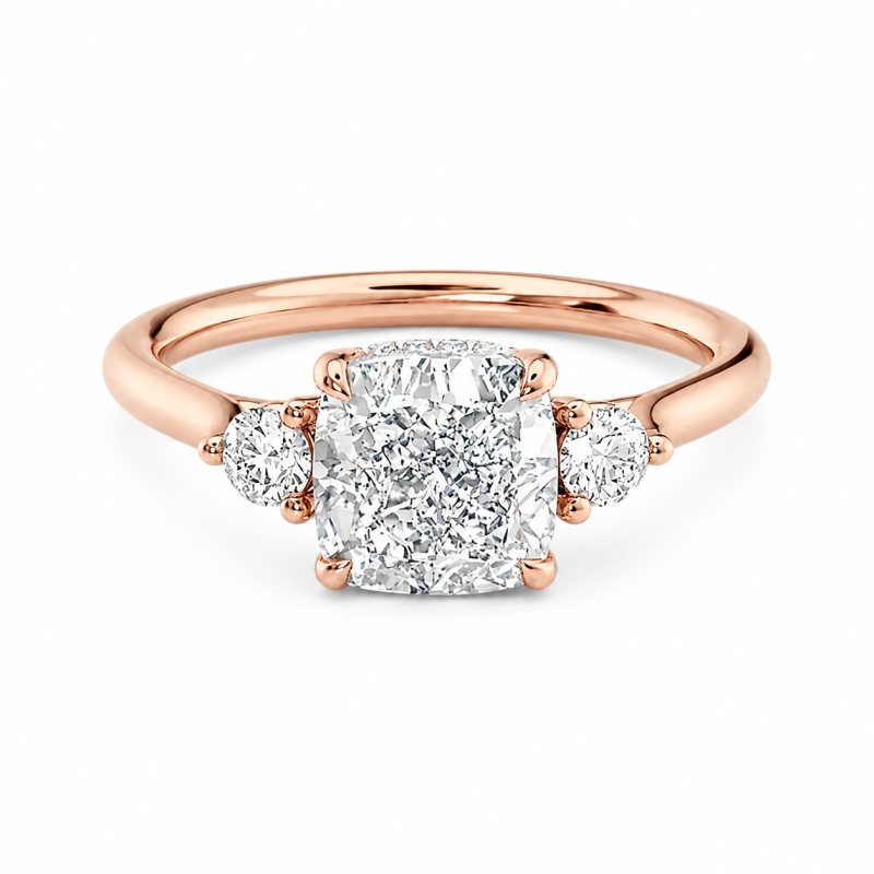 10K Rose Gold Cushion Cut Moissanite Three-Stone Engagement Ring-13