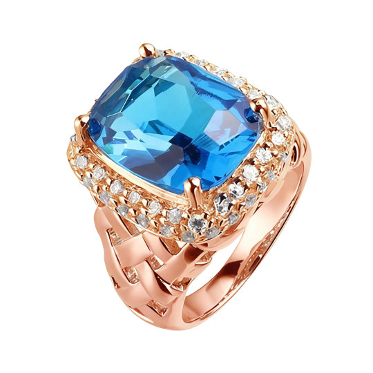 Anillo de compromiso de oro rosa de 10 quilates con moissanita talla cojín y topacio.