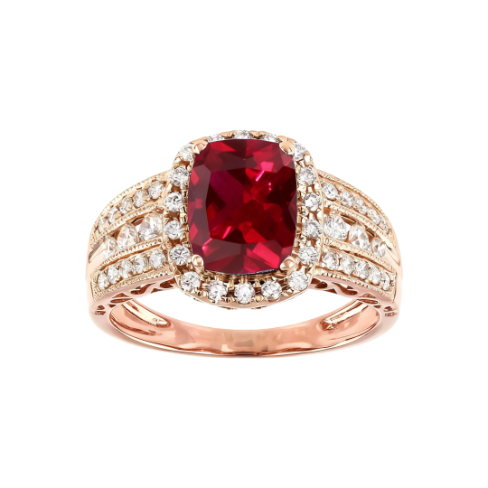 10K Rose Gold Elongated Cushion Cut Ruby Custom Halo Sidestone Engagement Ring