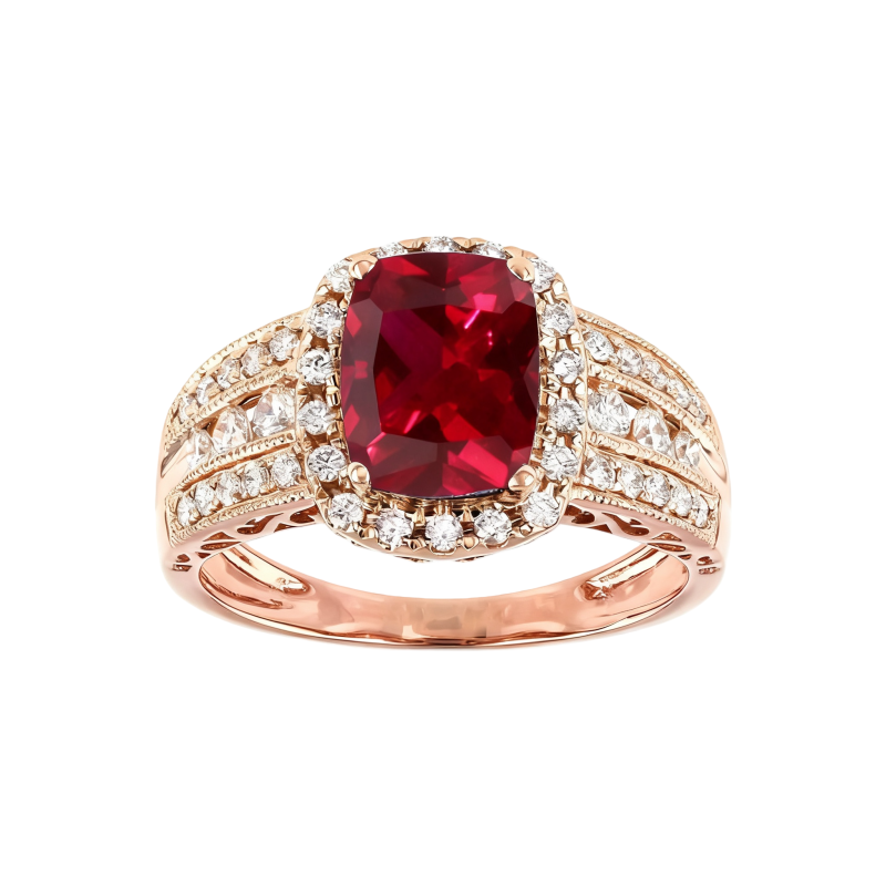 Bague de fiançailles en or rose 10 carats avec rubis taille coussin allongé et halo de pierres latérales personnalisé-7