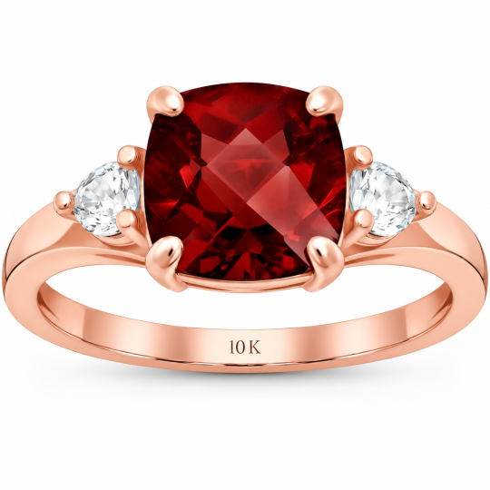 10K Rose Gold Cushion Cut Ruby Three-Stone Engagement Ring