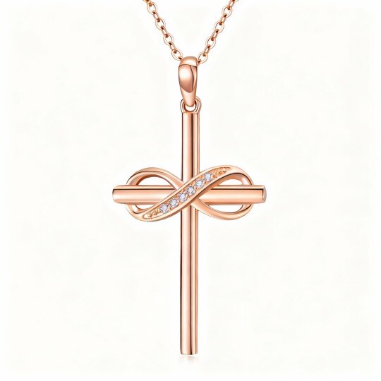 Halskette aus 10-karätigem Roségold mit Diamanten, Kreuz und Unendlichkeitssymbol-Anhänger