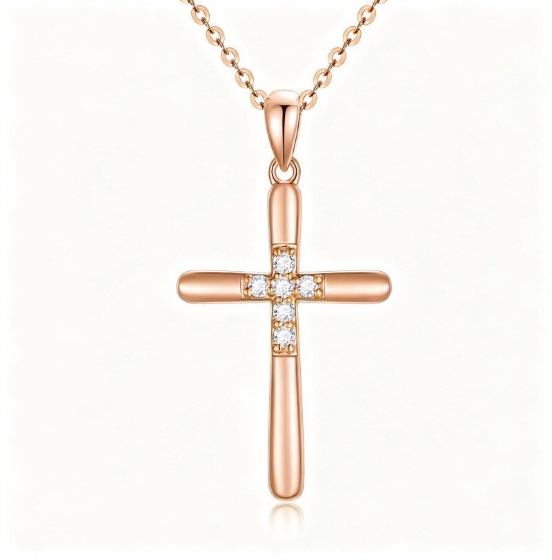 Collar con colgante de cruz de diamantes en oro rosa de 10 quilates-1