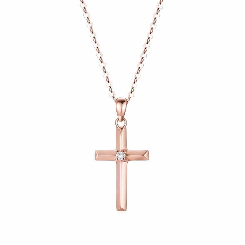 10K Rose Gold Diamond Cross Pendant Necklace-19