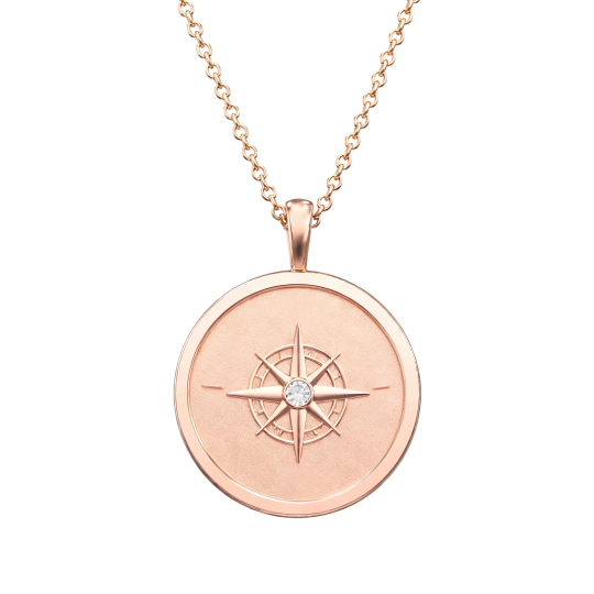 Collier pendentif boussole en or rose 10 carats avec diamants gravables pour homme