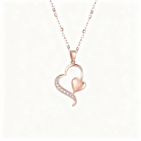 10K Rose Gold Diamond Heart With Heart Pendant Necklace