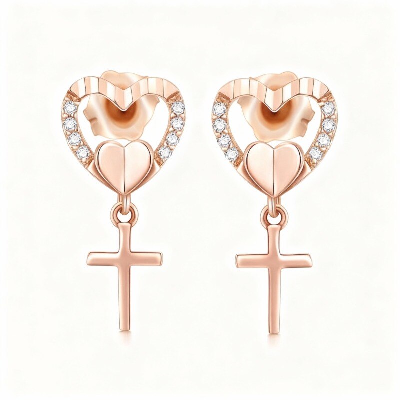 Boucles d'oreilles puces en or rose 18 carats, diamants et moissanites en forme de cœur-1