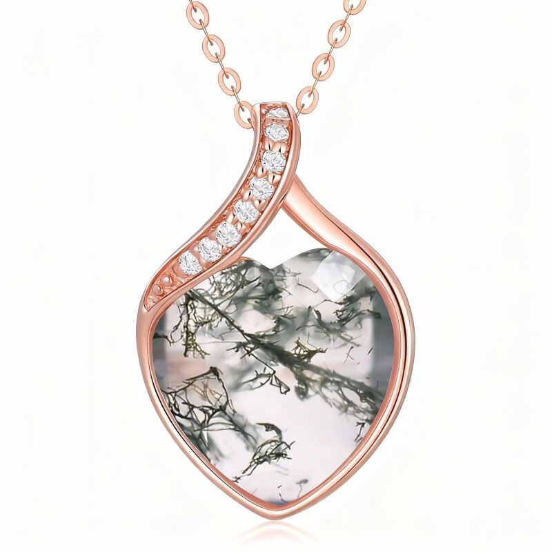 Collar con colgante de corazón de oro rosa de 10 quilates, diamante y ágata musgosa-13