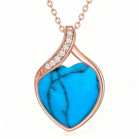 Colar com pendente coração em ouro rosa 10K com diamantes e turquesa