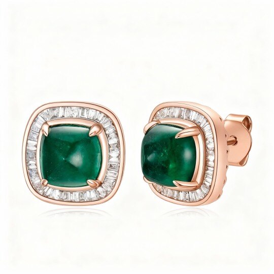 10K Rose Gold Emerald Couple & Square Stud Earrings