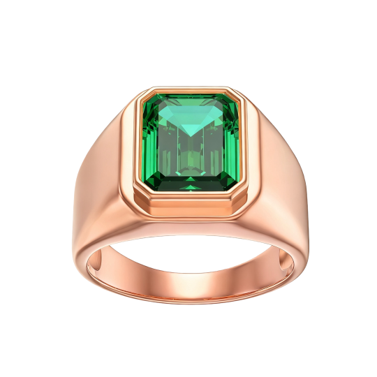 Anel de sinete para homem em ouro rosa 10K com esmeralda artificial lapidada em esmeralda.