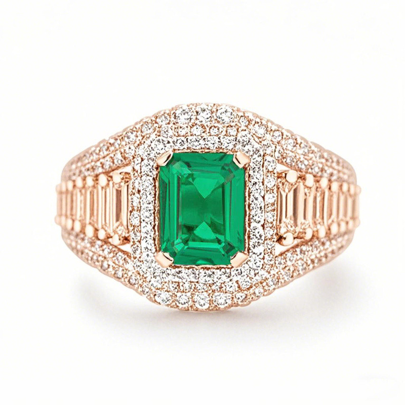 Anillo de compromiso personalizado en oro rosa de 10K, con esmeralda talla esmeralda cultivada en laboratorio de 1 a 6 CT y diamante cultivado en laboratorio-1