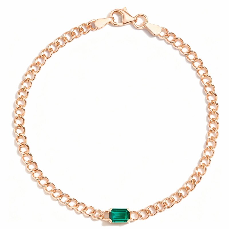 18K Rose Gold Emerald Cut Lab Created Emerald Couple Curb Chain Bracelet-1