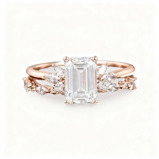 Set da sposa per coppia in oro rosa 10K con moissanite taglio smeraldo