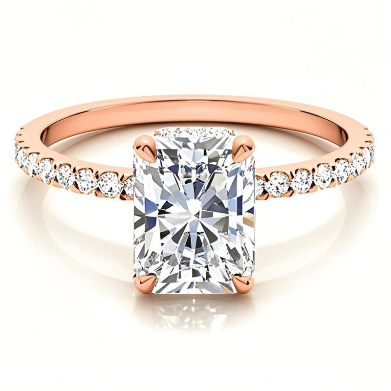 Bague de fiançailles en or rose 10 carats avec moissanite taille radiant et halo caché-16