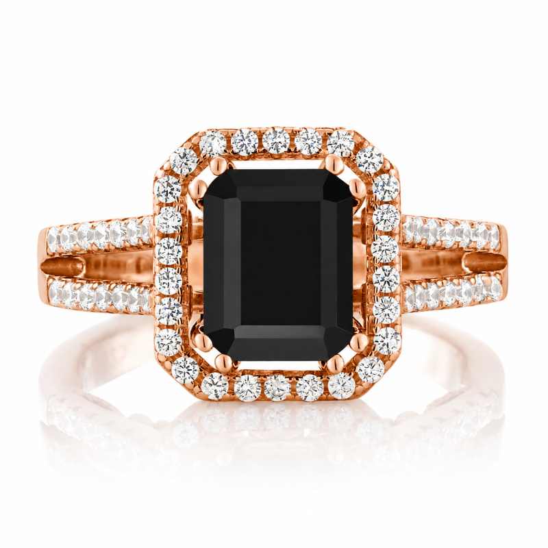 10K Rose Gold Emerald Cut Moissanite & Onyx Halo Engagement Ring-19