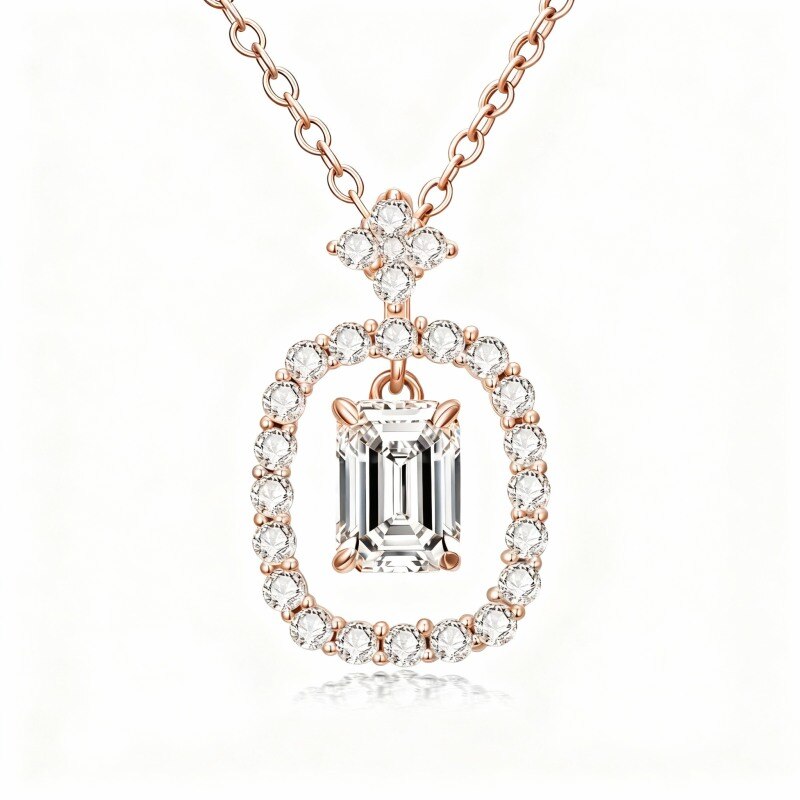 10K Rose Gold Emerald Cut Moissanite Pendant Necklace-1