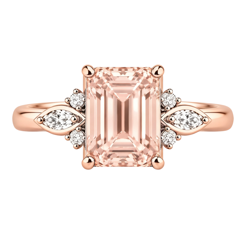 Anillo de compromiso personalizado de oro rosa de 10 quilates con morganita talla esmeralda, color D, claridad VVS1, 3EX.-3