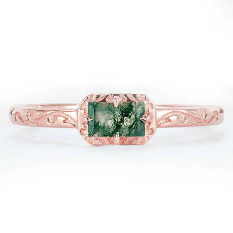 Sterling Silver with Rose Gold Plated Emerald Cut Moss Agate Wedding Ring-7