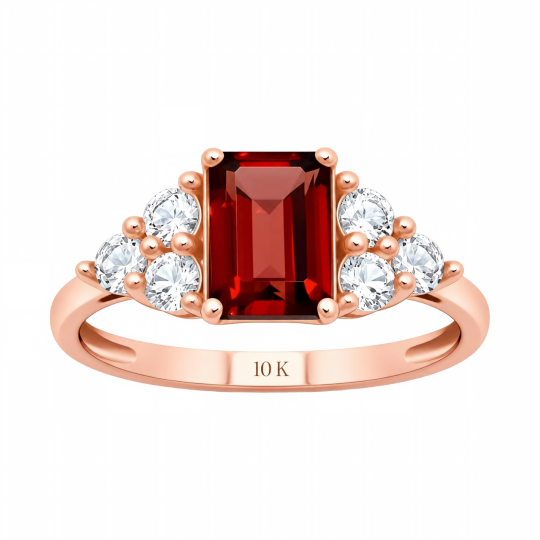 Anillo de compromiso personalizado de oro rosa de 10 quilates con rubí talla esmeralda