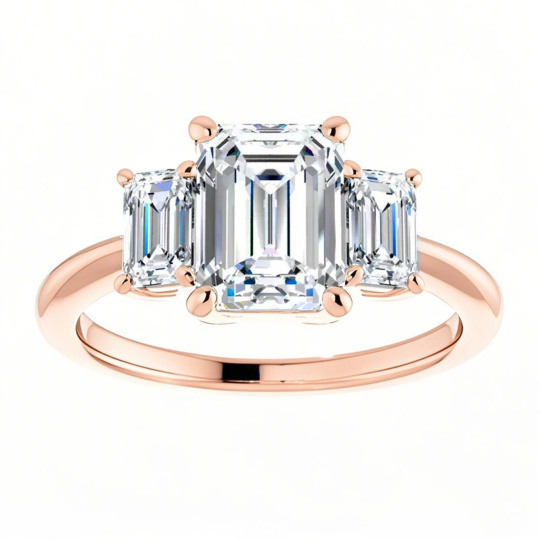 Anillo de compromiso de oro rosa de 10 quilates con tres piedras de moissanita talla esmeralda