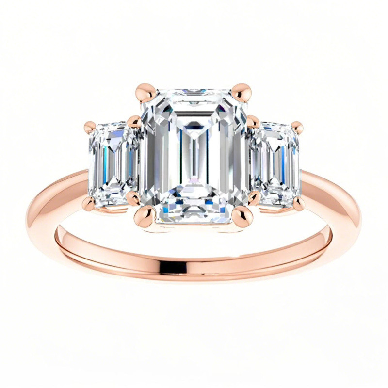 10K Rose Gold Emerald Cut Moissanite Three-Stone Engagement Ring-4