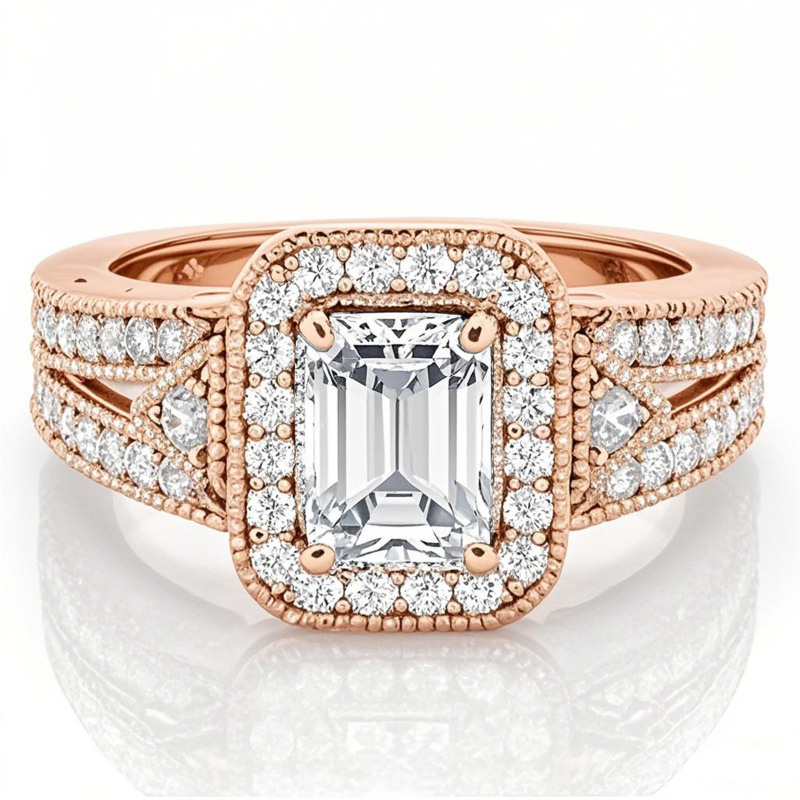 Vintage-Halo-Verlobungsring aus 14-karätigem Roségold mit smaragdgeschliffenem Moissanit-1