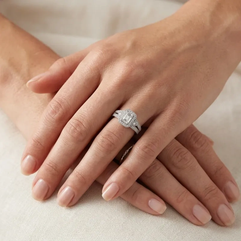 Vintage-Halo-Verlobungsring aus 14-karätigem Roségold mit smaragdgeschliffenem Moissanit-2