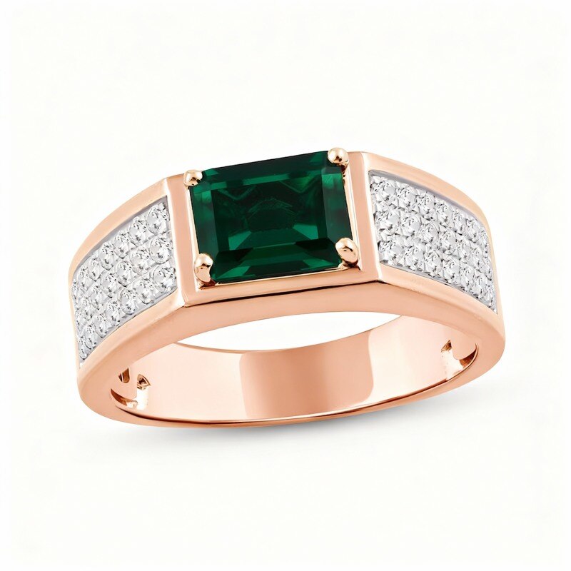 Banda para hombre personalizada en oro rosa de 10 quilates con diamante cultivado en laboratorio de 0,5 CT y esmeralda cultivada en laboratorio cortada en forma de esmeralda de 1 a 6 CT-8