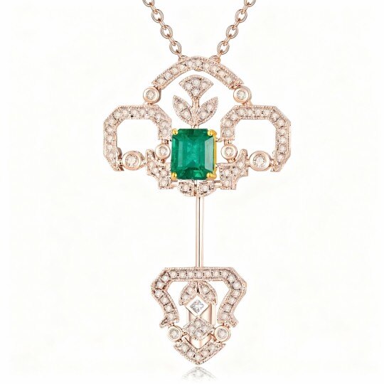 10K Rose Gold Emerald Key Pendant Necklace