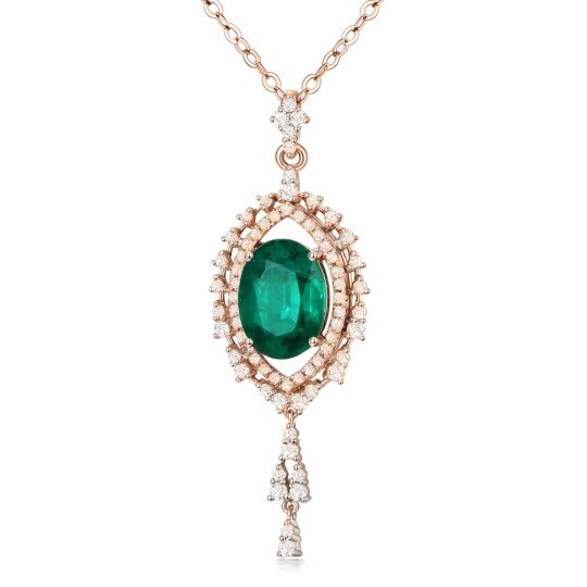10K Rose Gold Emerald Oval Shaped Pendant Necklace