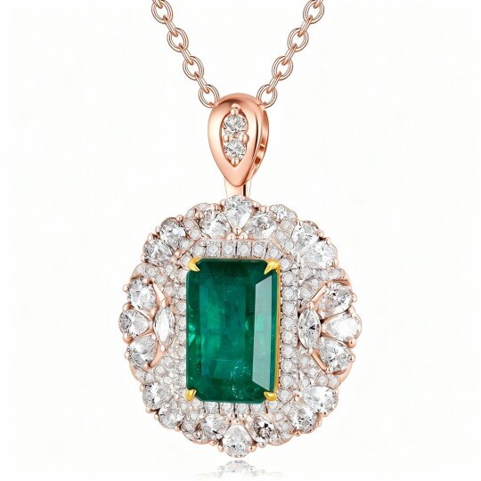 10K Rose Gold Emerald Round Pendant Necklace