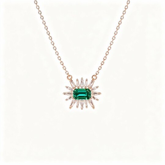 10K Rose Gold Emerald Square Pendant Necklace