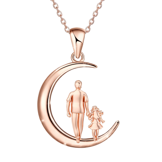 Collier pendentif Père & Fille & Lune en or rose 10 carats avec inscription gravée