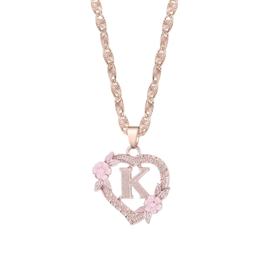 Collier initial en or rose 10 carats avec fleur