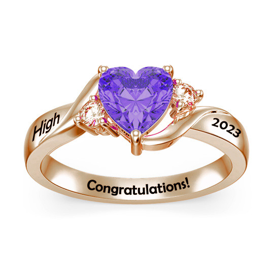 Anillo personalizado con grabado de piedra natal en forma de corazón con circonita cúbica en oro rosa de 10 quilates